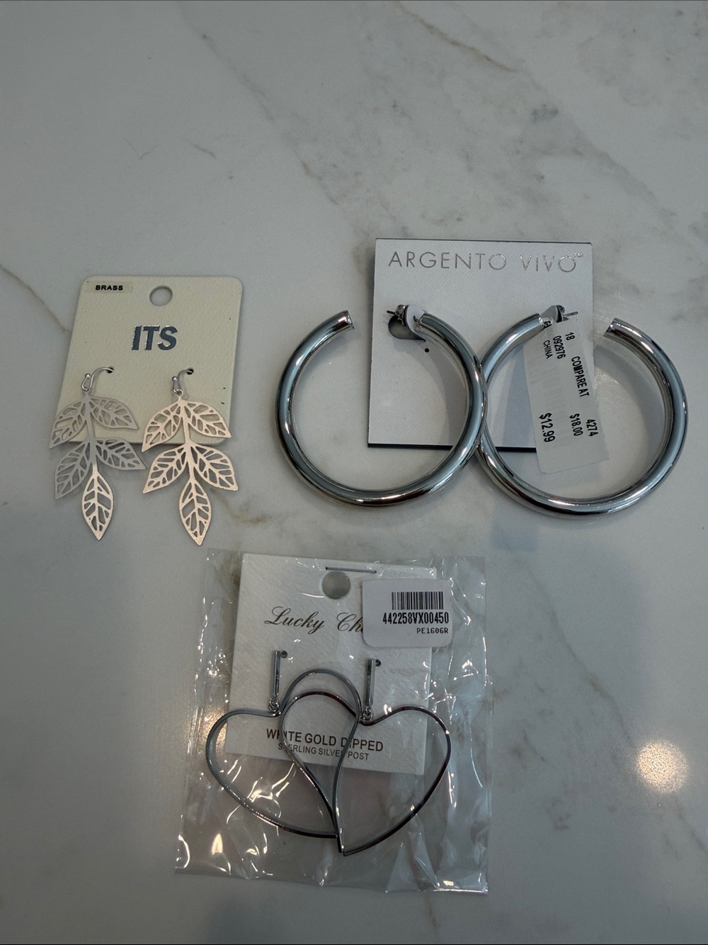 Lot of 3 Brand New Pair Earrings Chunky Hoops, Dangke Hearts & Leaves